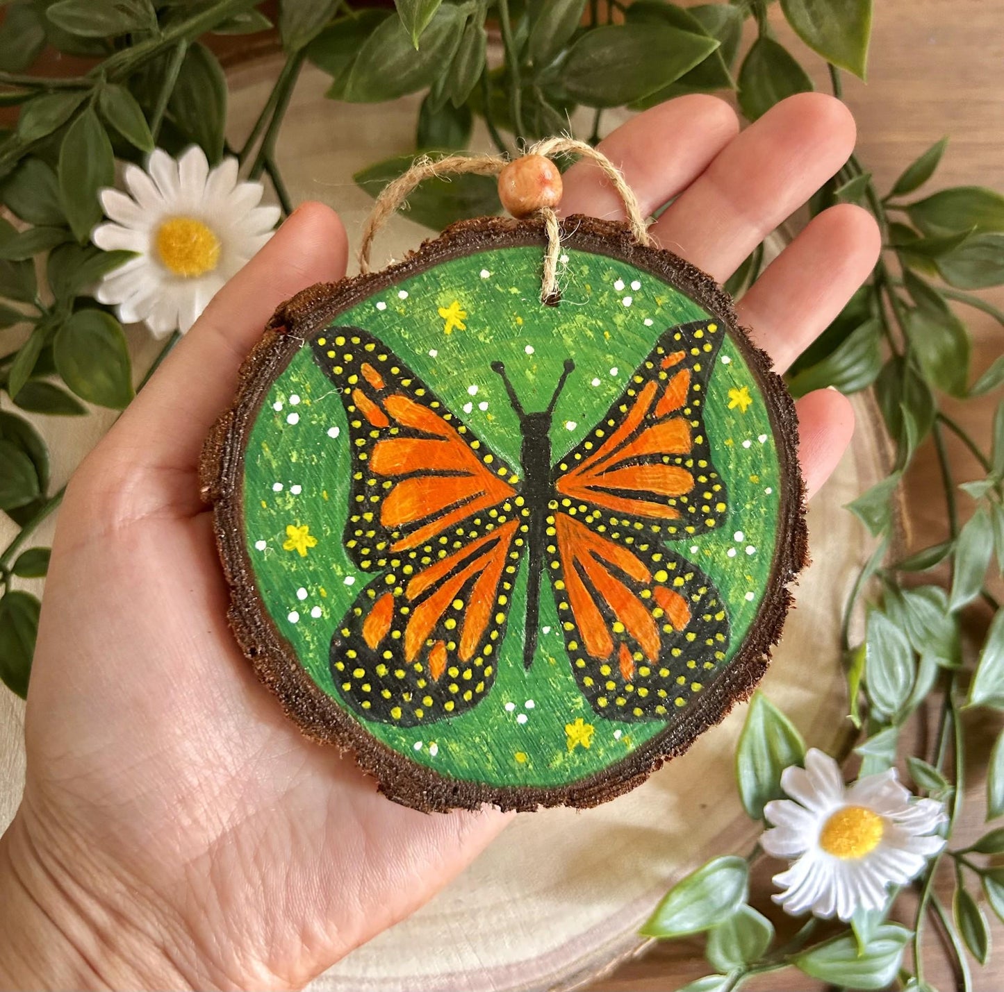 Hand-Painted Monarch Butterfly Ornament – Woodland Decor on Natural Wood Slice | Cottagecore Hanging Art