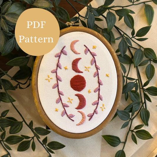 PDF Embroidery Pattern – Lunar Phases & Stars | Celestial Hand Embroidery for Beginners