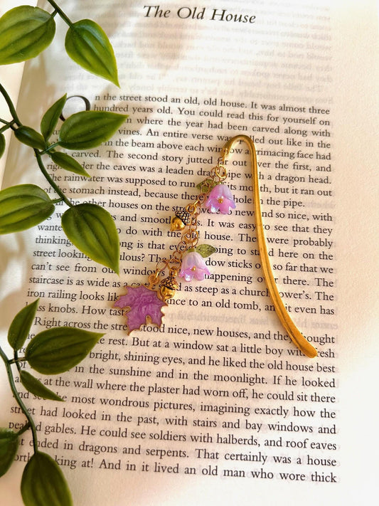 Autumn Floral Bookmark: Gold Bee, Purple Flower Charms - Cottagecore Gift