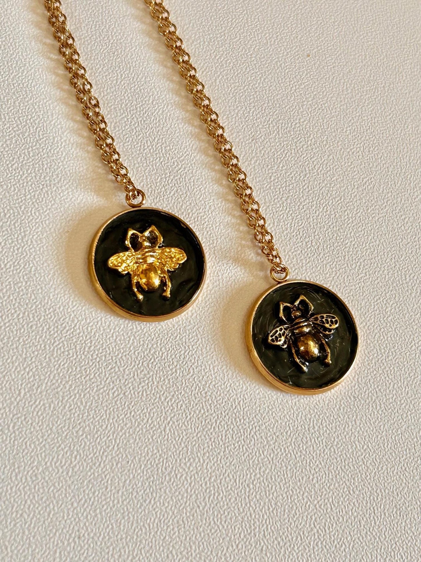 Celestial Bee Necklace – Black & Gold Oval Pendant with Moon & Bee Charm | Witchy Cottagecore Jewellery