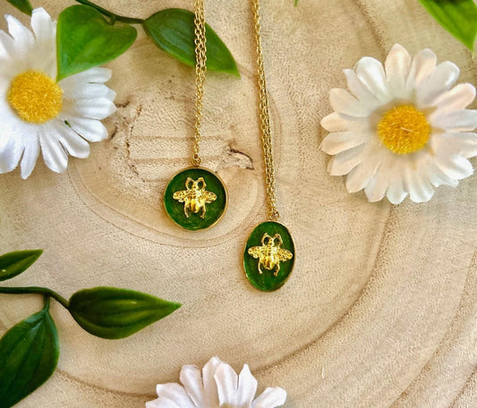 Gold Bee Charm Necklace | Hand-Painted Green Pendant | Boho Cottagecore Jewellery Gift