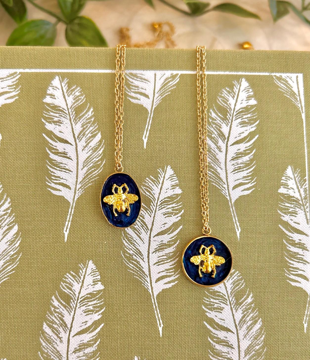 Navy & Gold Bee Charm Necklace – Handmade Painted Pendant on Gold Chain | Nature-Inspired Jewellery