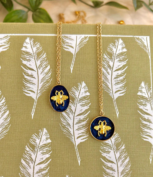 Navy & Gold Bee Charm Necklace – Handmade Painted Pendant on Gold Chain | Nature-Inspired Jewellery