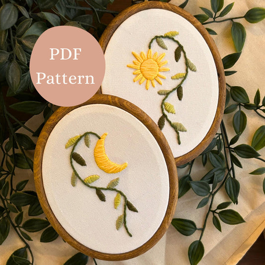 PDF Embroidery Pattern Set – Sun & Moon Botanical Hoops | Minimalist Nature Stitch Bundle
