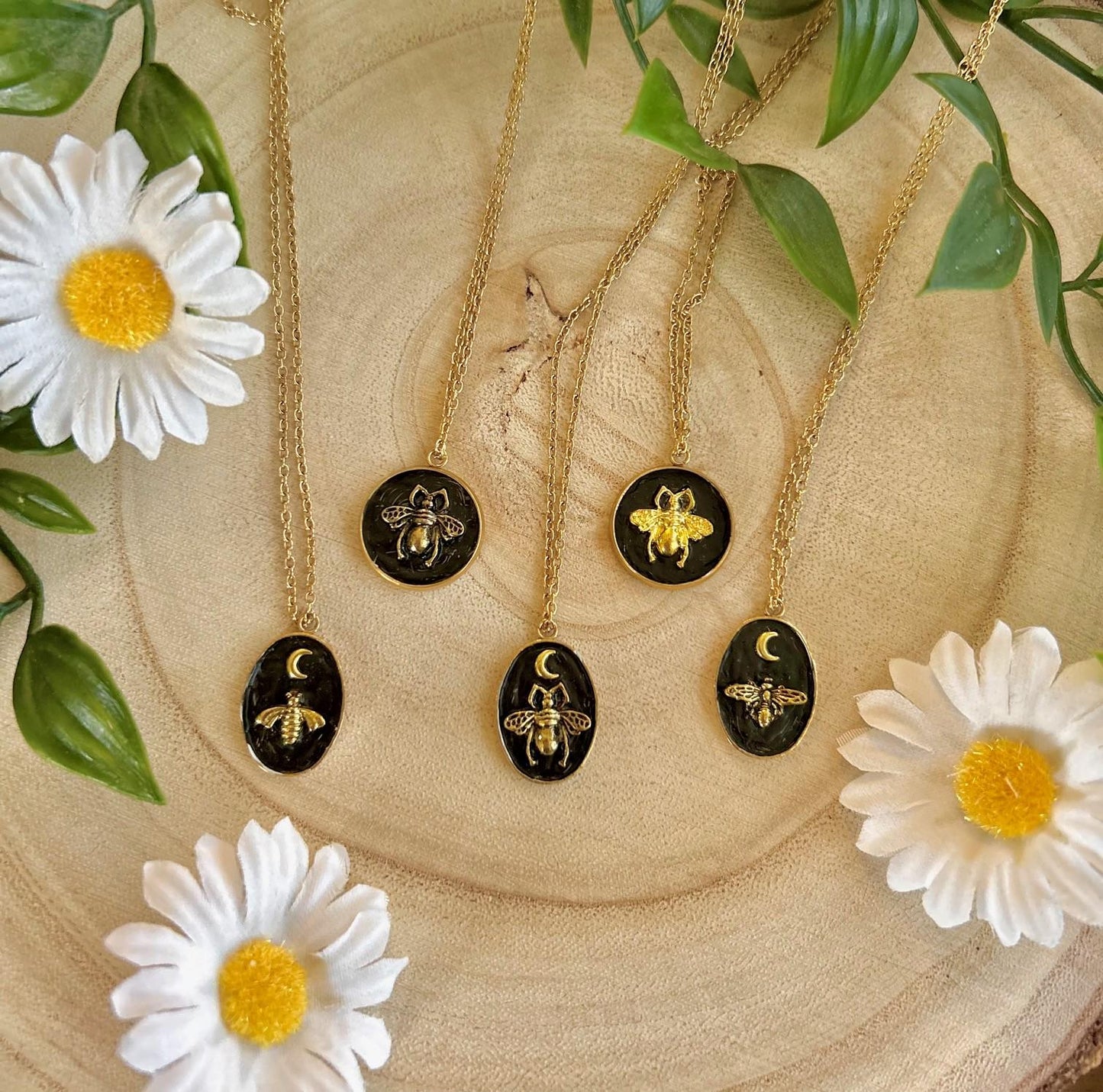 Celestial Bee Necklace – Black & Gold Oval Pendant with Moon & Bee Charm | Witchy Cottagecore Jewellery