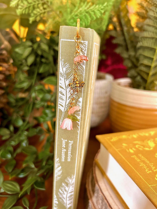 Pink Flower Bee Bookmark: Gold Cottagecore Book Accessory