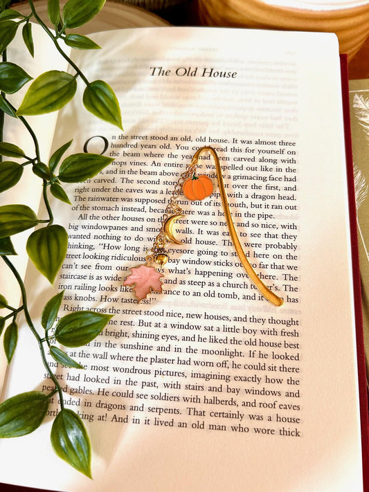 Fall Pumpkin Bookmark: Gold Crescent Moon, Leaf & Bee Charm