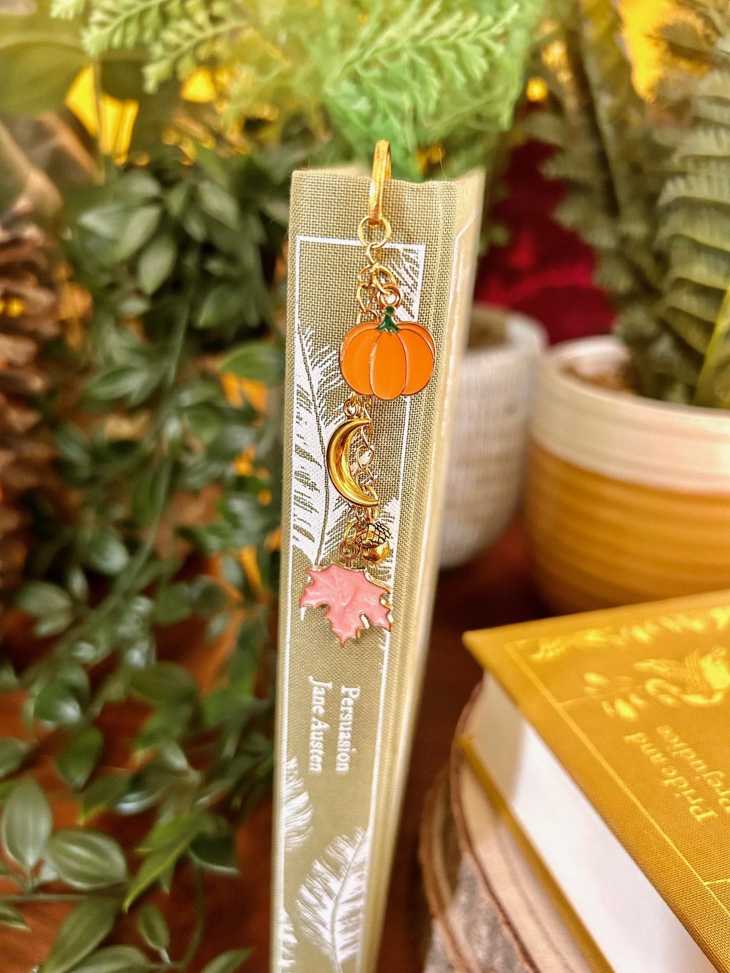 Fall Pumpkin Bookmark: Gold Crescent Moon, Leaf & Bee Charm