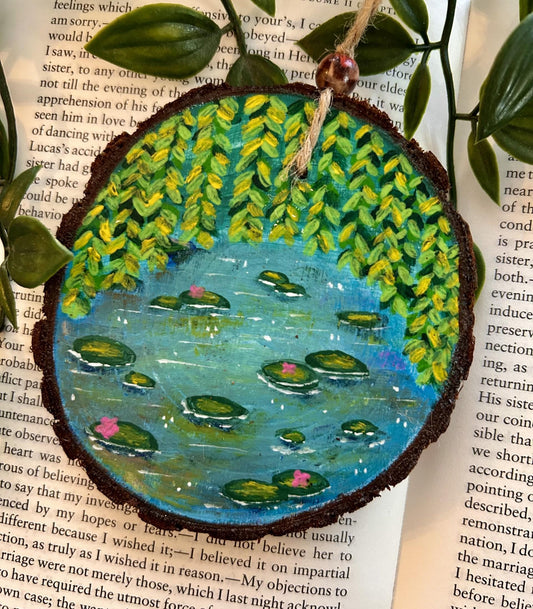 Hand Painted Waterlilies Wood Slice Mini Wall Hanging Original Art Home Decor Ornament