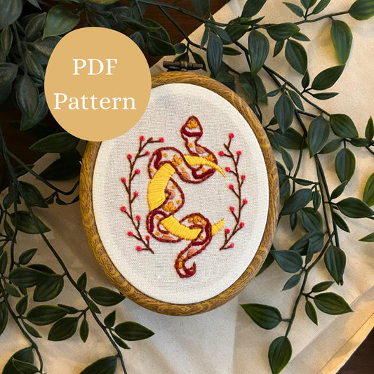 PDF Embroidery Pattern – Lunar Snake with Florals | Mystical Witchy Boho Hoop Art Design