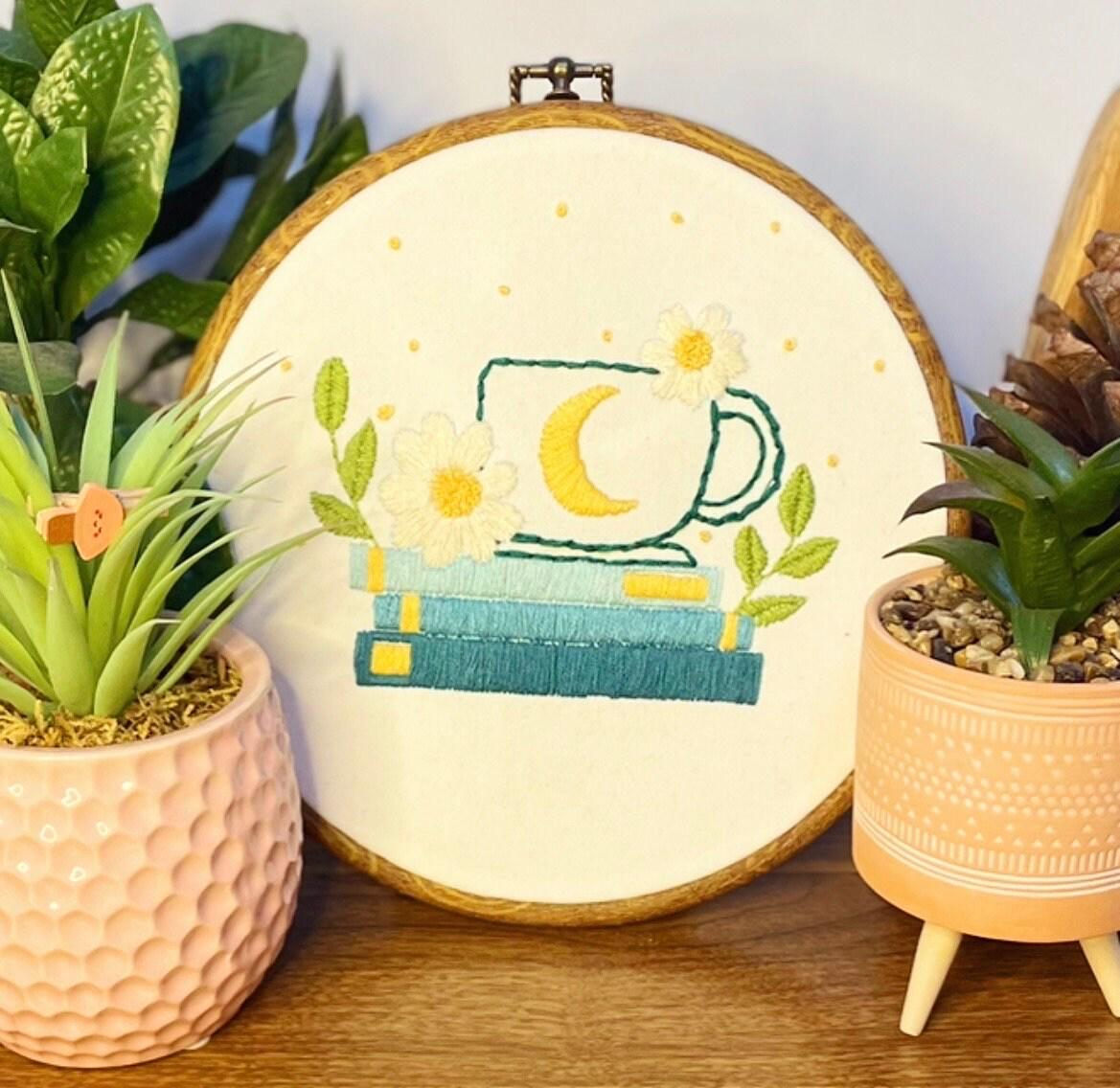 PDF Embroidery Pattern – Moon Mug & Book Stack with Flowers | Cosy Stitchable Hoop Art