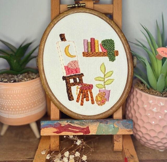 PDF Embroidery Pattern – Art Nook with Easel, Books & Plant | Cosy Creative Corner Stitch Design