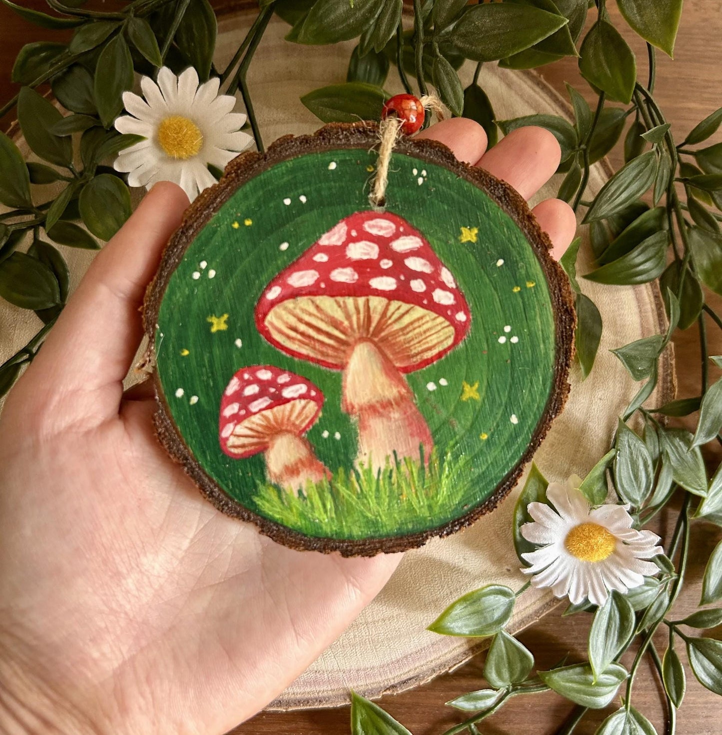 Hand-Painted Toadstool Wall Ornament – Fly Agaric Mushrooms on Wood Slice | Cottagecore Woodland Decor