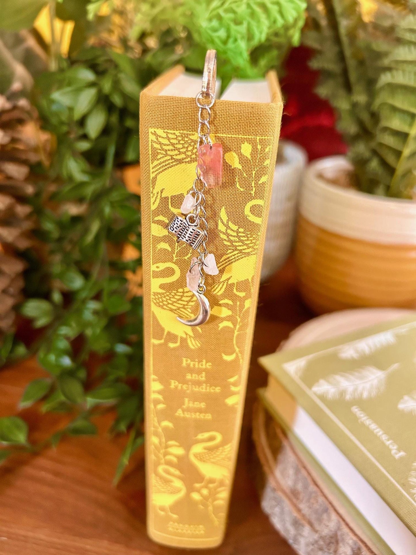 Rose Quartz Bookmark: Silver Moon Charm, Crystal Healing, Witchy Book Accessory