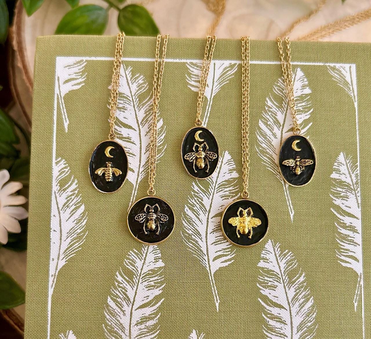 Celestial Bee Necklace – Black & Gold Oval Pendant with Moon & Bee Charm | Witchy Cottagecore Jewellery