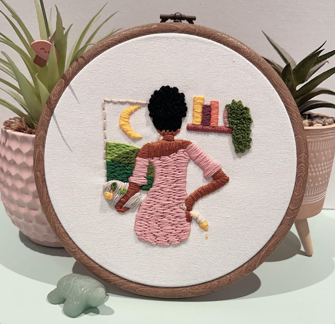 PDF Embroidery Pattern – Artist at Work with Paintbrush | 3D Hair Texture & Bookshelf Detail