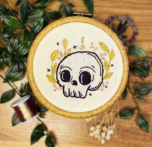 PDF Embroidery Pattern – Pretty Grim Skull with Gold Florals | Cute Gothic Witchy Stitch