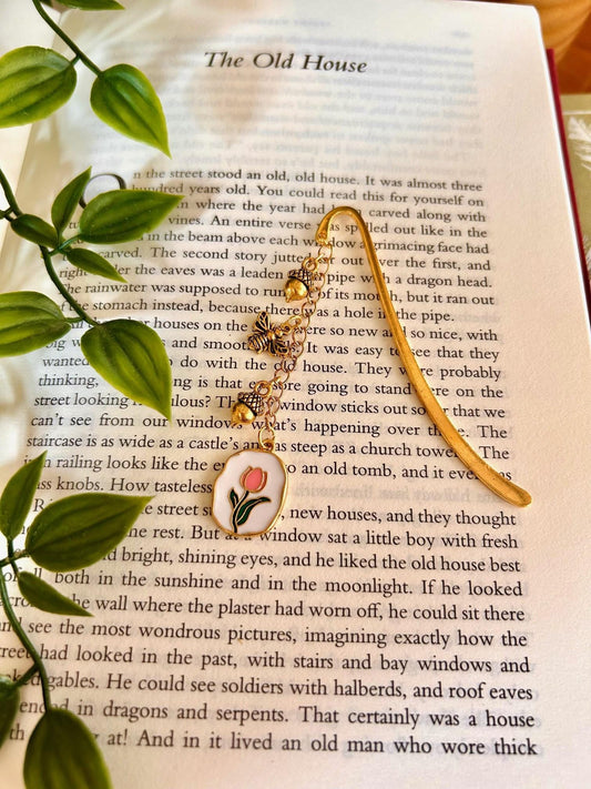 Gold Tulip Bookmark: Bee Charm, Cottagecore Book Lover Gift
