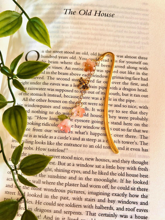 Pink Flower Bee Bookmark: Gold Cottagecore Book Accessory