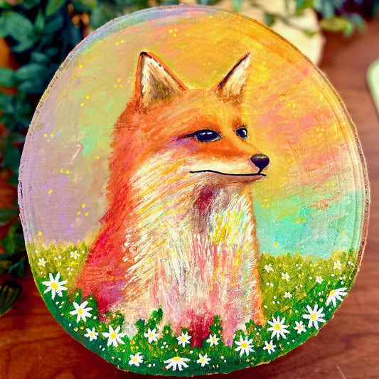 Golden Hour – Hand-Painted Fox and Meadow Art on Wood Slice Original Painting