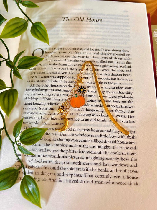 Pumpkin Moon Bookmark: Gold Celestial Charms - Witchy Bookish Gift