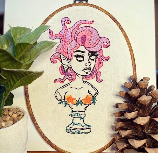 PDF Embroidery Pattern – Mythic Medusa Muse Bust with Tentacle Hair | Bold Ocean-Inspired Modern Stitch