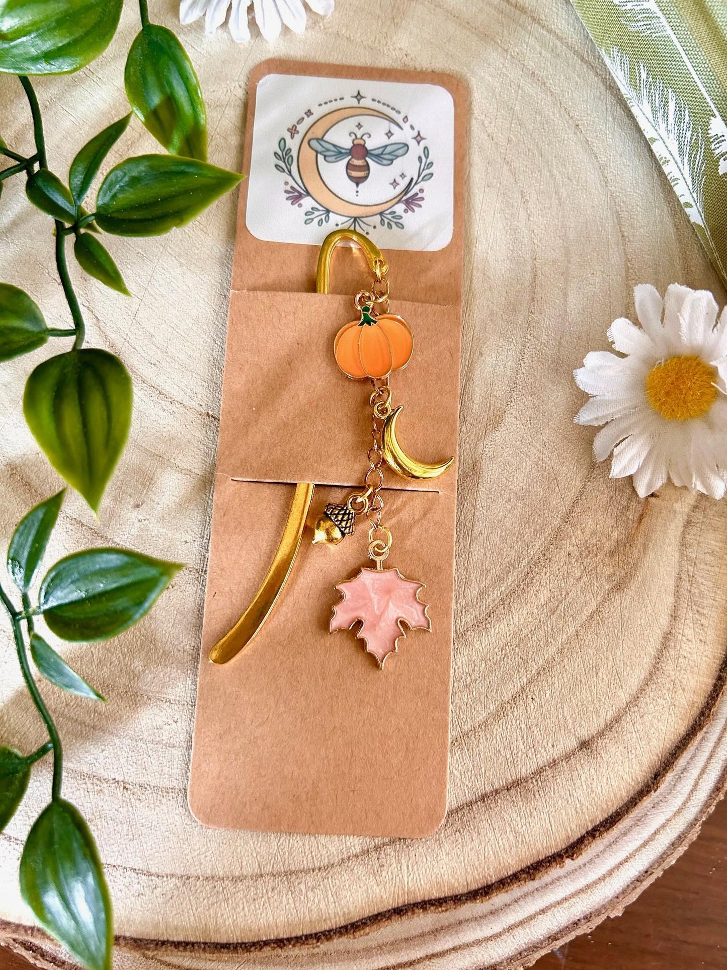 Fall Pumpkin Bookmark: Gold Crescent Moon, Leaf & Bee Charm