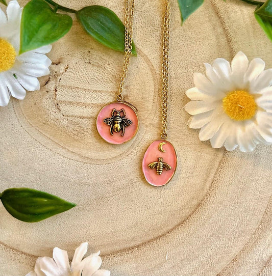 Blush Pink Bee Necklace – Handmade Painted Pendant with Gold Charm | Cottagecore Celestial Jewellery