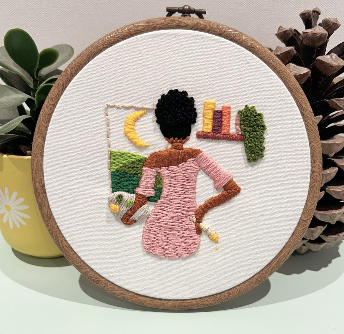 PDF Embroidery Pattern – Artist at Work with Paintbrush | 3D Hair Texture & Bookshelf Detail