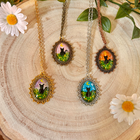 Hand Painted Black Cat Pendant • Cottagecore Cat Necklace • Vintage Jewellery • Witchy Gift • Whimsical Art