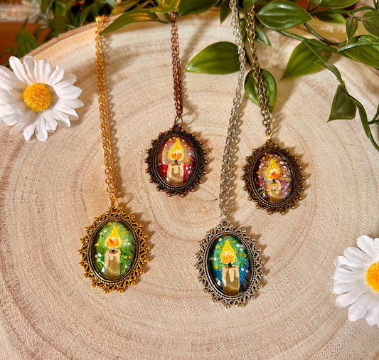 Hand Painted Candle Pendant • Cosy Cottagecore Necklace • Witchy Light Jewellery • Whimsical Tiny Art Gift