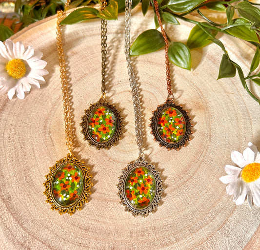 Hand Painted Orange Wildflower Pendant • Cottagecore Flower Necklace • Poppy Meadow Mini Art Jewellery • Nature Lover Gift • Floral Pendant