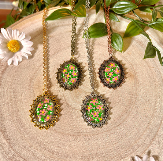 Hand Painted Pink Cosmos Pendant • Cottagecore Flower Necklace • Wildflower Mini Art Jewellery • Botanical Pendant • Nature Lover Gift