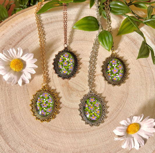 Hand Painted Purple Wildflower Pendant • Cottagecore Flower Necklace • Aster Meadow Mini Art Jewellery • Botanical Pendant • Nature Gift