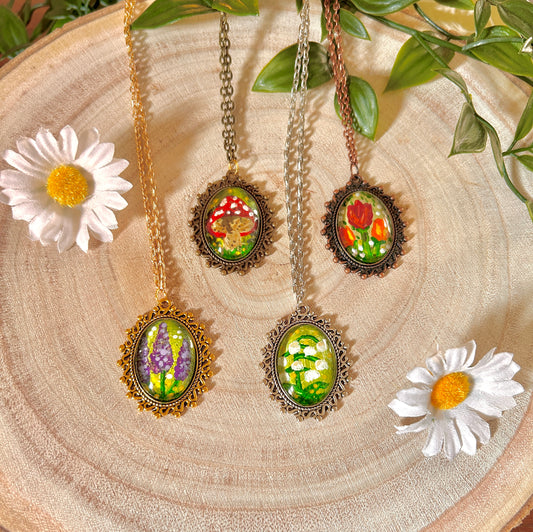 Hand Painted Botanical Pendant • Cottagecore Flower Necklace • Mushroom Necklace • Mini Art Jewellery • Wildflower Pendant • Nature Gift