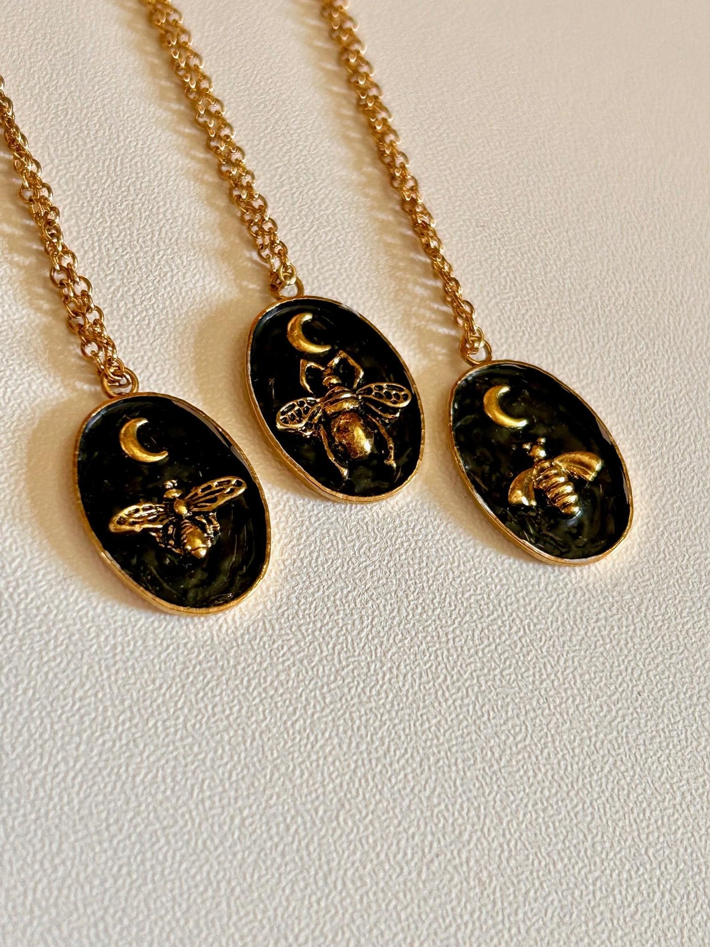 Celestial Bee Necklace – Black & Gold Oval Pendant with Moon & Bee Charm | Witchy Cottagecore Jewellery