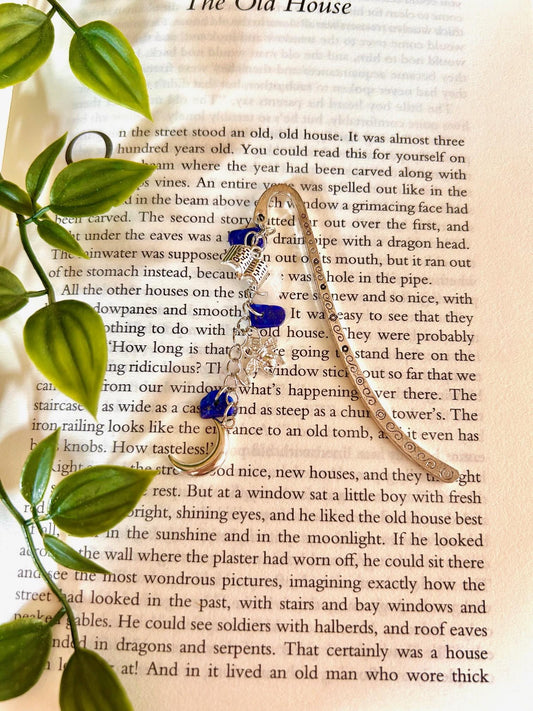 Lapis Lazuli Gemstone Bookmark: Silver Moon Charm, Witchy Book Gift
