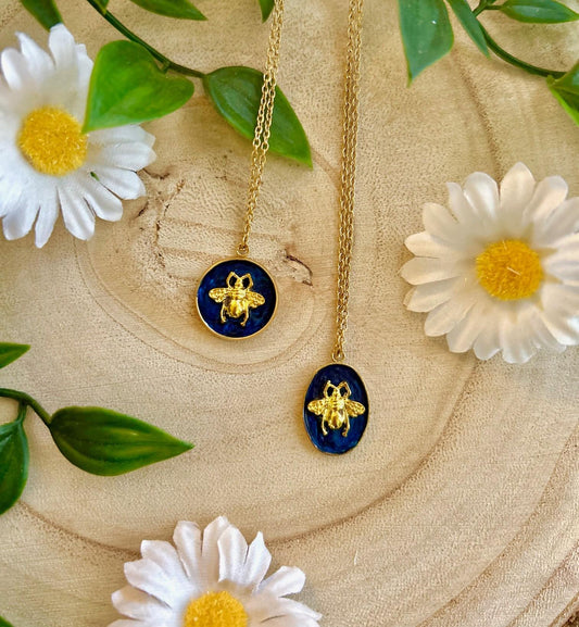 Navy & Gold Bee Charm Necklace – Handmade Painted Pendant on Gold Chain | Nature-Inspired Jewellery