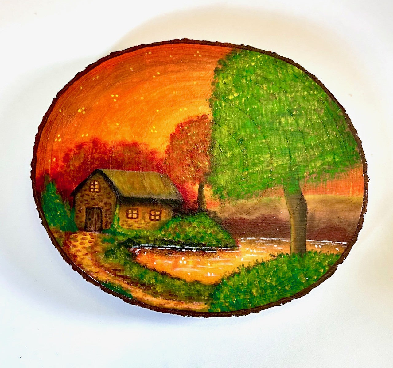Edge of the Season – Autumn Cabin Painting on Rustic Wood Slice