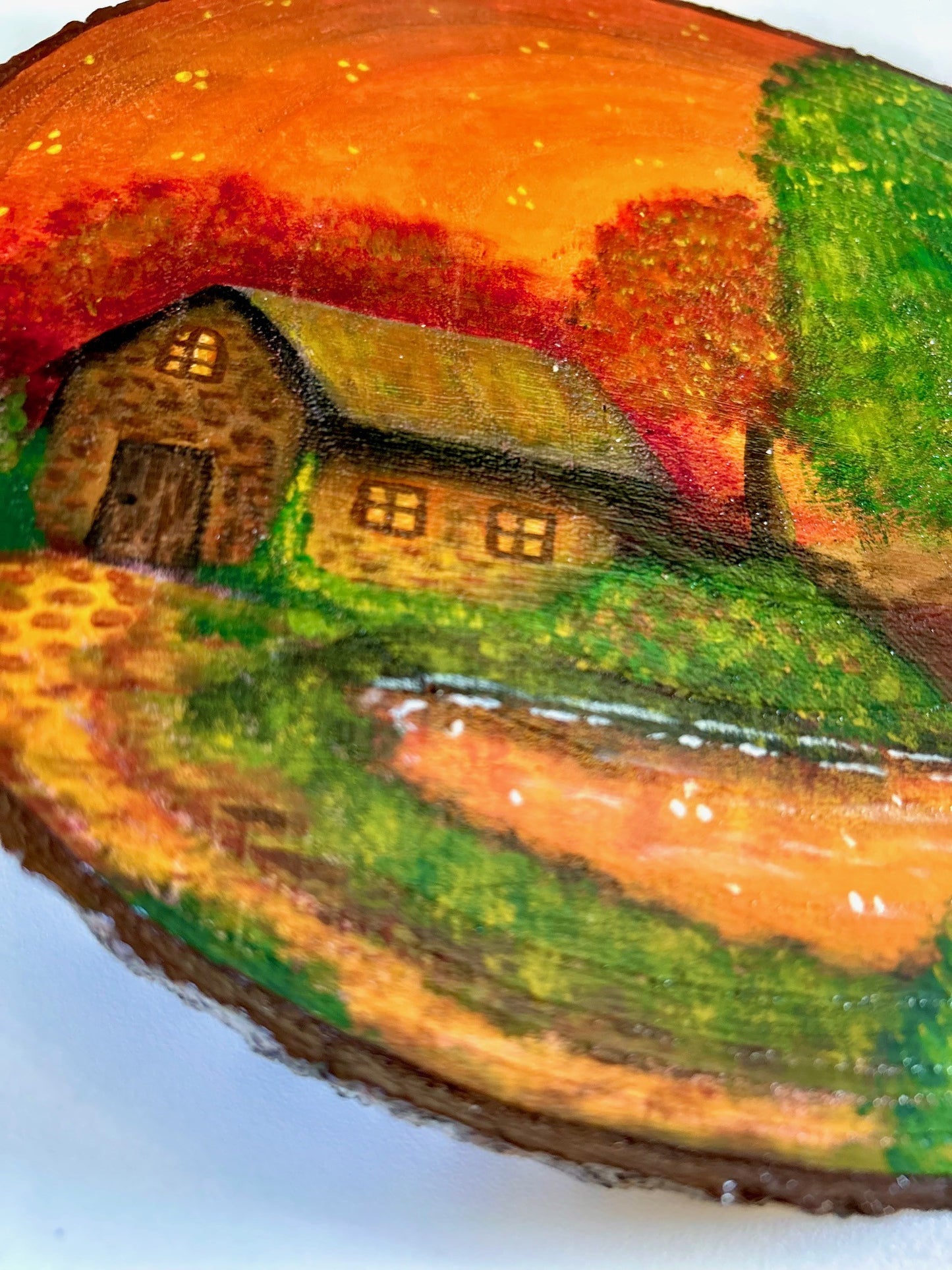 Edge of the Season – Autumn Cabin Painting on Rustic Wood Slice