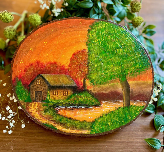 Edge of the Season – Autumn Cabin Painting on Rustic Wood Slice