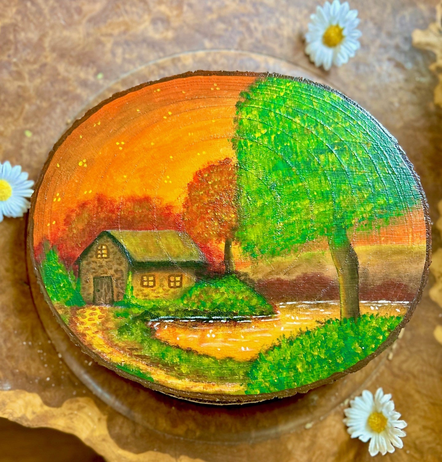 Edge of the Season – Autumn Cabin Painting on Rustic Wood Slice