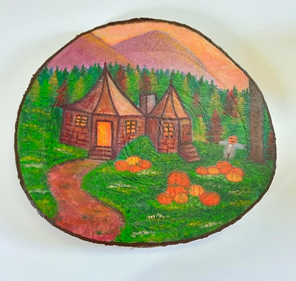 Gamekeeper’s Hut – Cosy Forest Cottage Wood Slice Art with Pumpkins