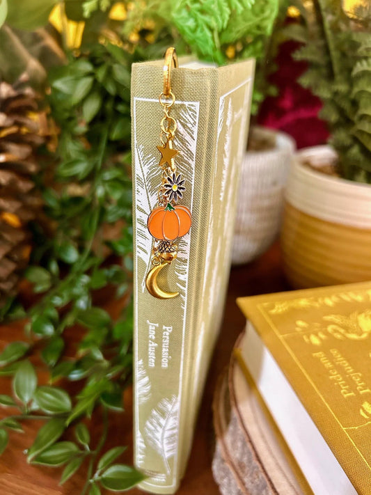 Pumpkin Moon Bookmark: Gold Celestial Charms - Witchy Bookish Gift