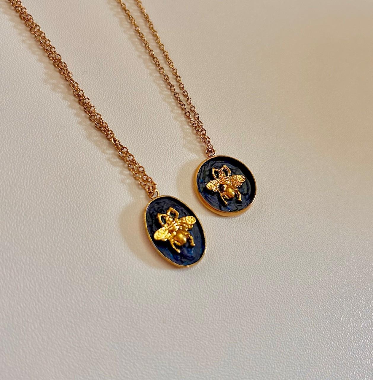 Navy & Gold Bee Charm Necklace – Handmade Painted Pendant on Gold Chain | Nature-Inspired Jewellery