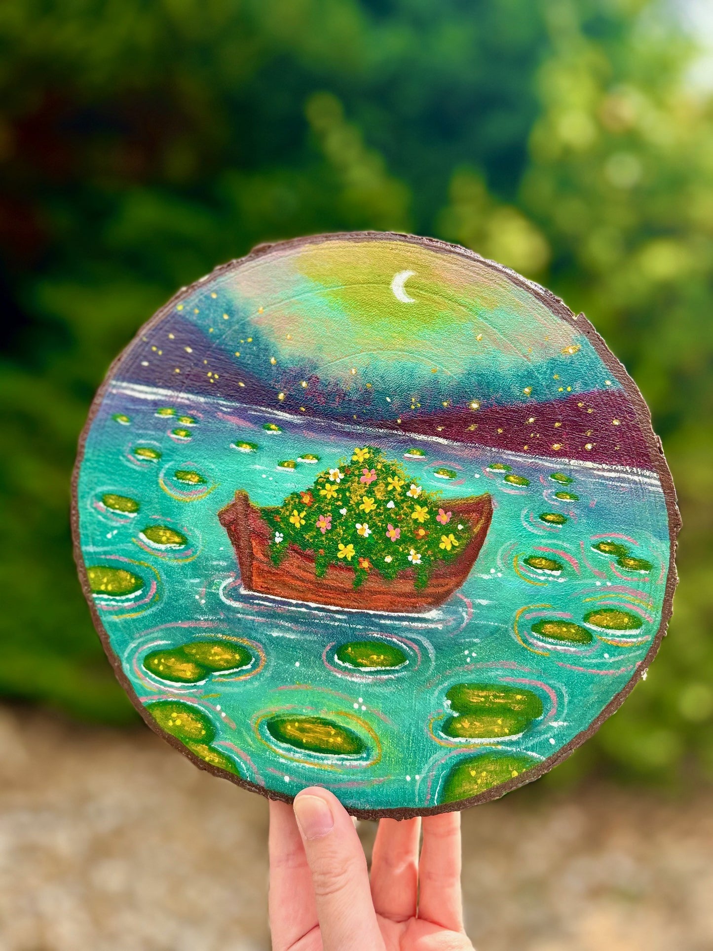 Adrift in Bloom – Dreamy Boat and Flowers Original Wood Slice Art Original Painting