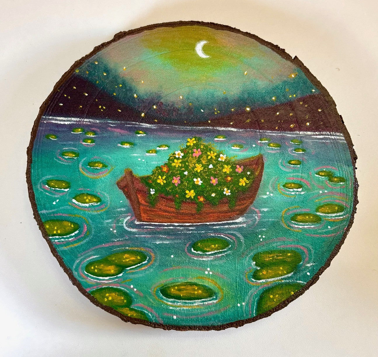 Adrift in Bloom – Dreamy Boat and Flowers Original Wood Slice Art Original Painting