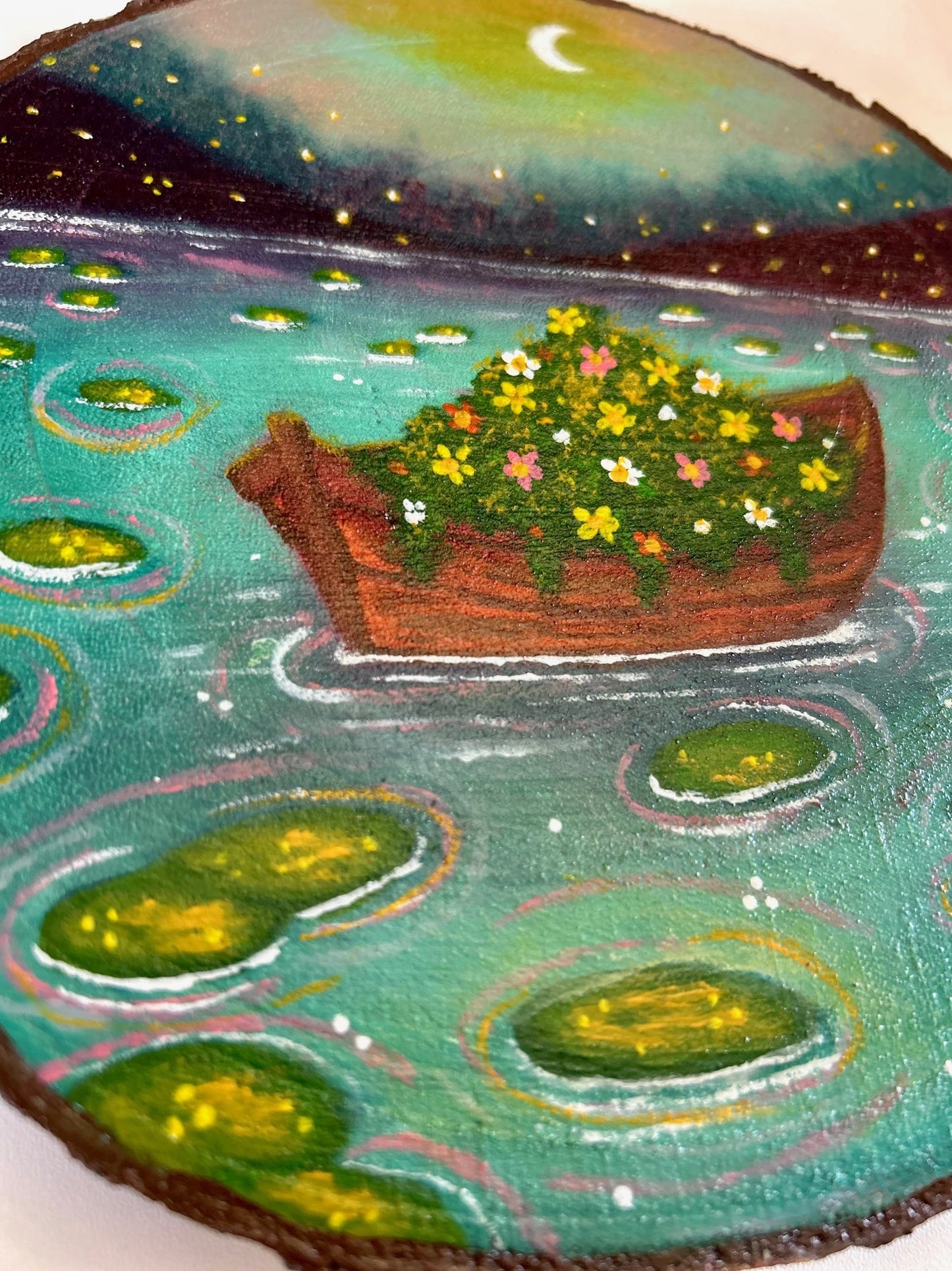 Adrift in Bloom – Dreamy Boat and Flowers Original Wood Slice Art Original Painting