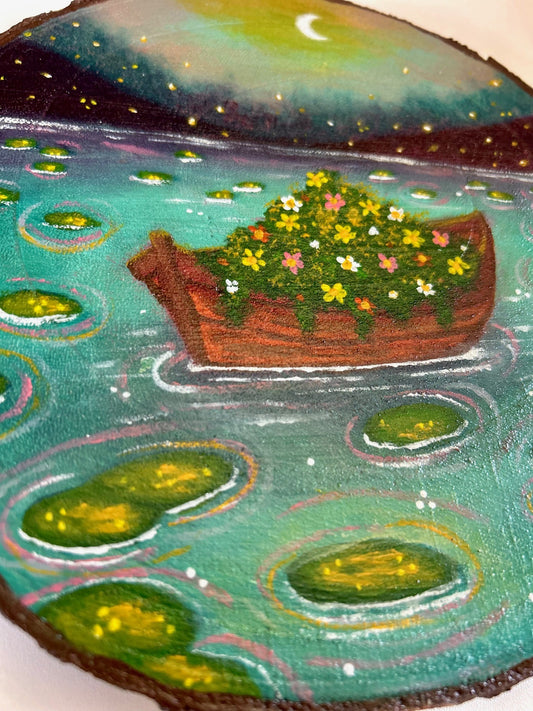 Adrift in Bloom – Dreamy Boat and Flowers Original Wood Slice Art Original Painting