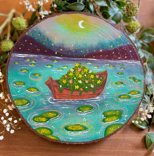 Adrift in Bloom – Dreamy Boat and Flowers Original Wood Slice Art Original Painting